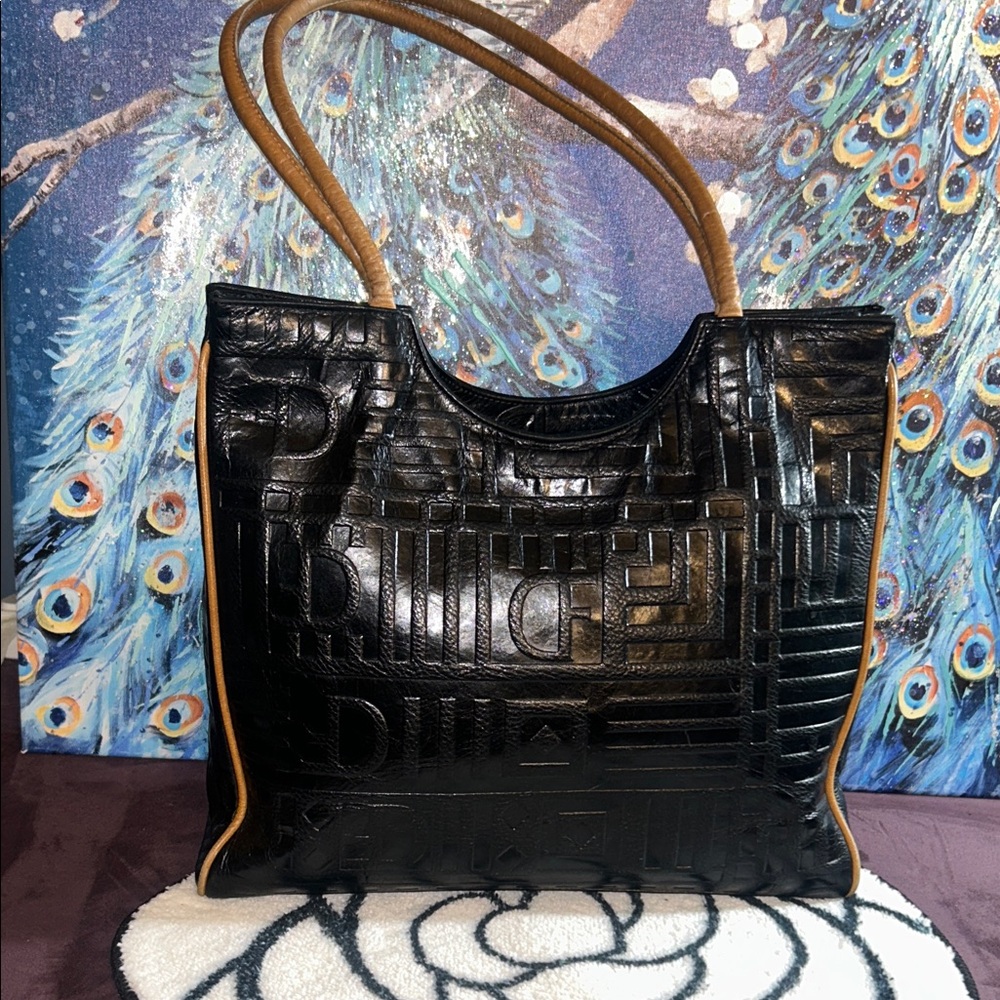 Due Fratelli Black With Tan Accented Leather Shoulder Tote Bag